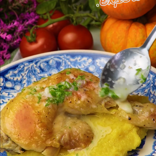 Braised Chicken with Polenta and Garlic Sauce - Yummy Expert